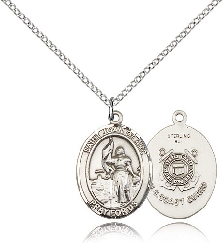 St. Joan of Arc  Coast Guard Medal, Sterling Silver, Medium - 18&quot; 1.2mm Sterling Silver Chain + Clasp
