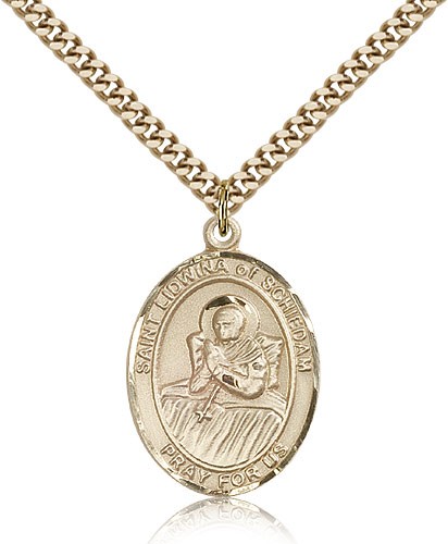 St. Lidwina of Schiedam Medal, Gold Filled, Large - 24&quot; 2.4mm Gold Plated Chain + Clasp