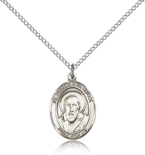 St. Francis De Sales Medal, Sterling Silver, Medium - 18&quot; 1.2mm Sterling Silver Chain + Clasp