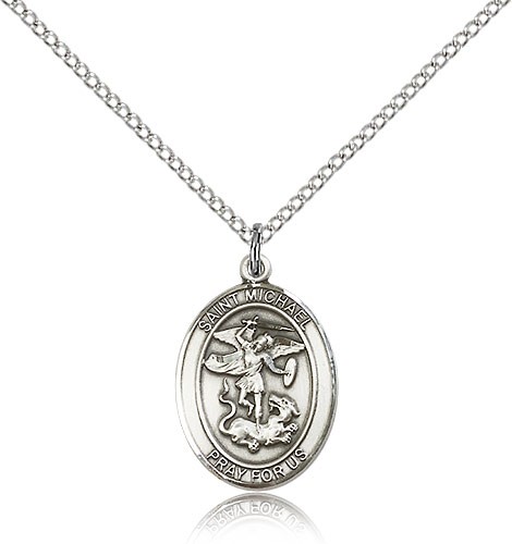 St. Michael the Archangel Medal, Sterling Silver, Medium - 18&quot; 1.2mm Sterling Silver Chain + Clasp