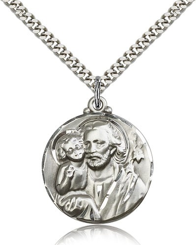St. Joseph Medal, Sterling Silver - 24&quot; 2.4mm Rhodium Plate Endless Chain