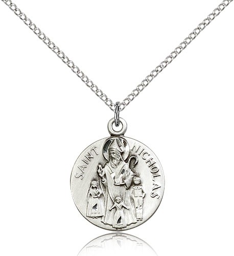 St. Nicholas Medal, Sterling Silver - 18&quot; 1.2mm Sterling Silver Chain + Clasp