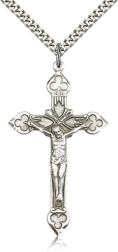 Crucifix Pendant, Sterling Silver - 24&quot; 2.4mm Rhodium Plate Endless Chain