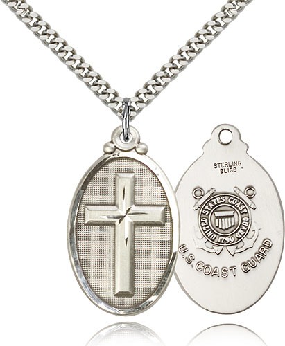 Coast Guard Cross Pendant, Sterling Silver - 24&quot; 2.4mm Rhodium Plate Endless Chain