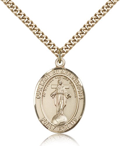 Our Lady of All Nations Medal, Gold Filled, Large - 24&quot; 2.4mm Gold Plated Chain + Clasp