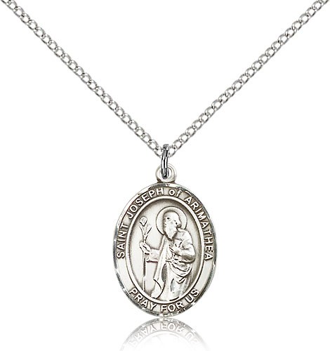 St. Joseph of Arimathea Medal, Sterling Silver, Medium - 18&quot; 1.2mm Sterling Silver Chain + Clasp