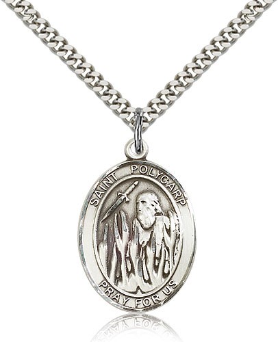 St. Polycarp of Smyrna Medal, Sterling Silver, Large - 24&quot; 2.4mm Rhodium Plate Chain + Clasp