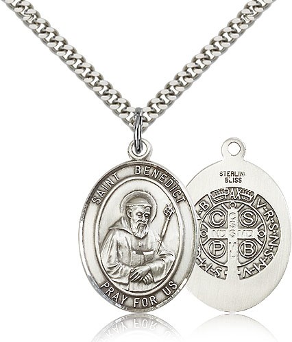St. Benedict Medal, Sterling Silver, Large - 24&quot; 2.4mm Rhodium Plate Chain + Clasp