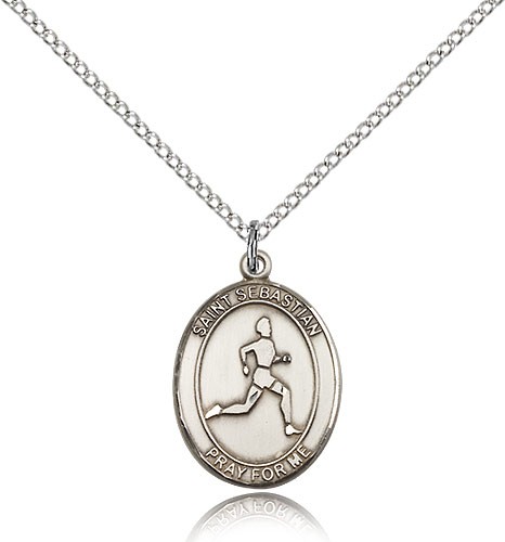 St. Sebastian Track and Field Medal, Sterling Silver, Medium - 18&quot; 1.2mm Sterling Silver Chain + Clasp