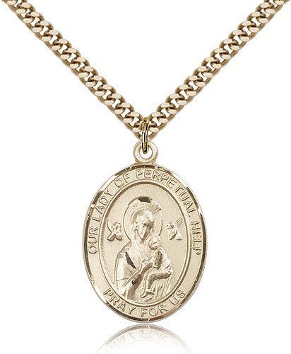 Our Lady of Perpetual Help Medal, Gold Filled, Large - 24&quot; 2.4mm Gold Plated Chain + Clasp