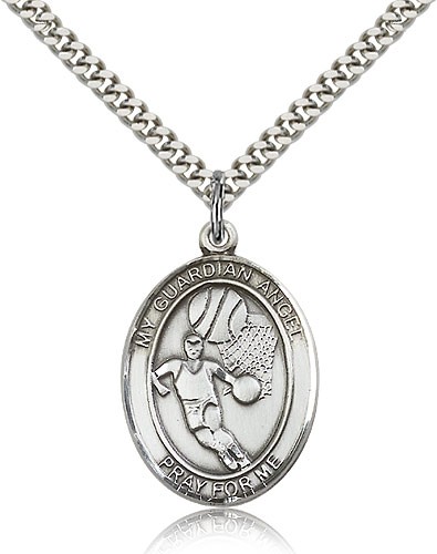 Guardian Angel Basketball Medal, Sterling Silver, Large - 24&quot; 2.4mm Rhodium Plate Chain + Clasp