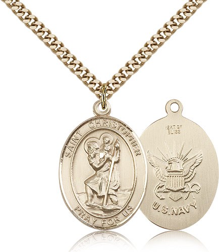 St. Christopher Navy Medal, Gold Filled, Large - 24&quot; 2.4mm Gold Plated Chain + Clasp
