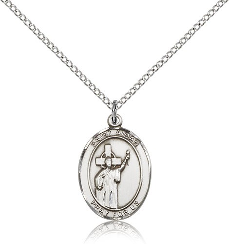 St. Aidan of Lindesfarne Medal, Sterling Silver, Medium - 18&quot; 1.2mm Sterling Silver Chain + Clasp
