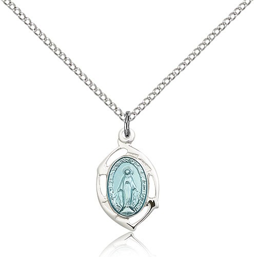 Miraculous Medal, Sterling Silver - 18&quot; 1.2mm Sterling Silver Chain + Clasp