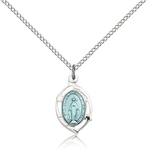 Miraculous Medal, Sterling Silver - 18&quot; 1.2mm Sterling Silver Chain + Clasp