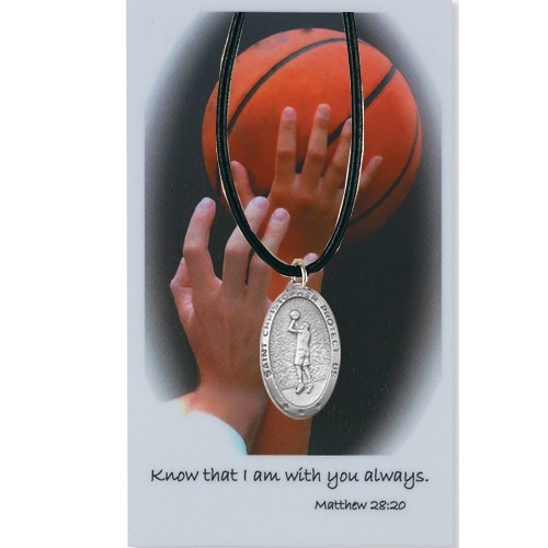 Boy's St. Christopher Basketball Medal with Leather Chain and Prayer Card Set - Silver-tone