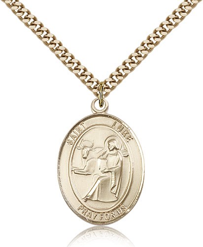 St. Luke the Apostle Medal, Gold Filled, Large - 24&quot; 2.4mm Gold Plated Chain + Clasp