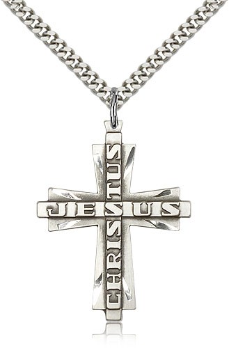 Jesus Christus Cross Pendant, Sterling Silver - 24&quot; 2.4mm Rhodium Plate Endless Chain