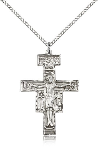San Damiano Crucifix Pendant, Sterling Silver - 18&quot; 1.2mm Sterling Silver Chain + Clasp