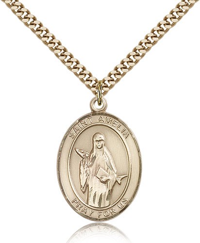 St. Amelia Medal, Gold Filled, Large - 24&quot; 2.4mm Gold Plated Chain + Clasp