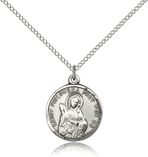 St. Philomena Medal, Sterling Silver - 18&quot; 1.2mm Sterling Silver Chain + Clasp