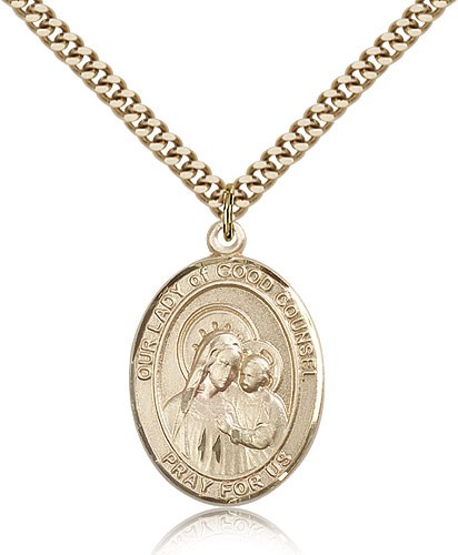 Our Lady of Good Counsel Medal, Gold Filled, Large - 24&quot; 2.4mm Gold Plated Chain + Clasp