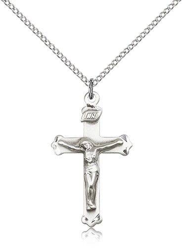 Crucifix Pendant, Sterling Silver - 18&quot; 1.2mm Sterling Silver Chain + Clasp