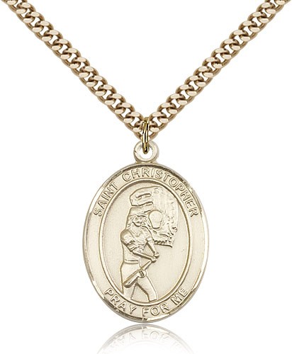 St. Christopher Softball Medal, Gold Filled, Large - 24&quot; 2.4mm Gold Plated Chain + Clasp