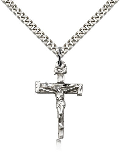 Nail Crucifix Pendant, Sterling Silver - 18&quot; 1.2mm Sterling Silver Chain + Clasp