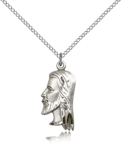 Christ Head Medal, Sterling Silver - 18&quot; 1.2mm Sterling Silver Chain + Clasp