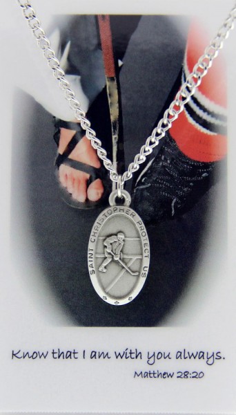 Boys St. Christopher Ice Hockey Medal and Prayer Card Set - Silver-tone