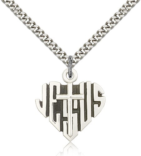 Heart of Jesus Cross Pendant, Sterling Silver - 24&quot; 2.4mm Rhodium Plate Endless Chain