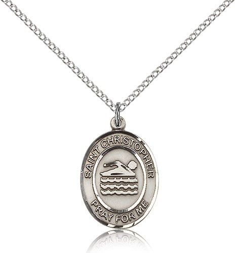 St. Christopher Swimming Medal, Sterling Silver, Medium - 18&quot; 1.2mm Sterling Silver Chain + Clasp