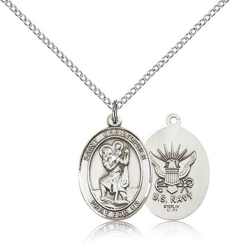 St. Christopher Navy Medal, Sterling Silver, Medium - 18&quot; 1.2mm Sterling Silver Chain + Clasp