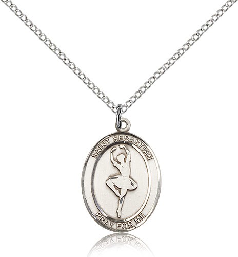 St. Sebastian Dance Medal, Sterling Silver, Medium - 18&quot; 1.2mm Sterling Silver Chain + Clasp