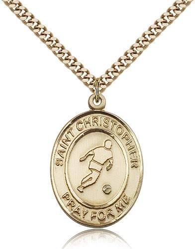 St. Christopher Soccer Medal, Gold Filled, Large - 24&quot; 2.4mm Gold Plated Chain + Clasp