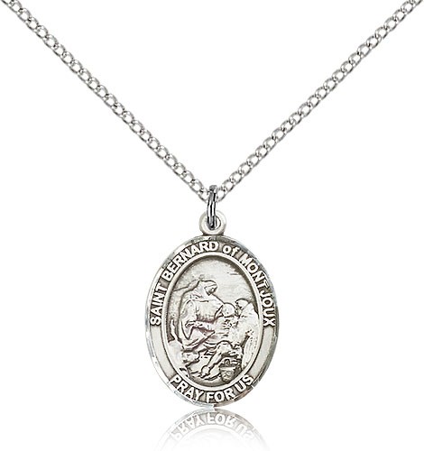 St. Bernard of Montjoux Medal, Sterling Silver, Medium - 18&quot; 1.2mm Sterling Silver Chain + Clasp