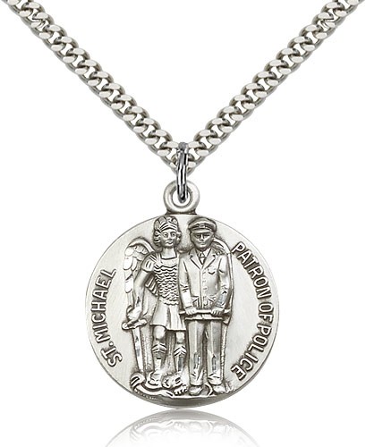 St. Michael the Archangel Medal, Sterling Silver - 24&quot; 2.4mm Rhodium Plate Endless Chain