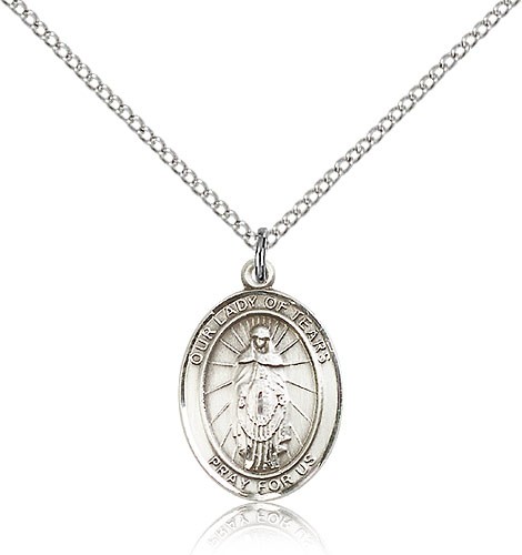 Our Lady of Tears Medal, Sterling Silver, Medium - 18&quot; 1.2mm Sterling Silver Chain + Clasp