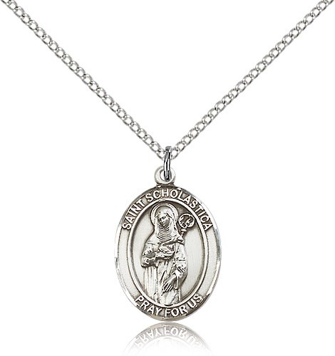 St. Scholastica Medal, Sterling Silver, Medium - 18&quot; 1.2mm Sterling Silver Chain + Clasp