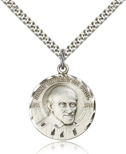 St. Vincent De Paul Medal, Sterling Silver - 24&quot; 2.4mm Rhodium Plate Endless Chain
