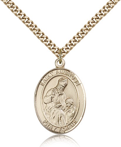 St. Ambrose Medal, Gold Filled, Large - 24&quot; 2.4mm Gold Plated Chain + Clasp