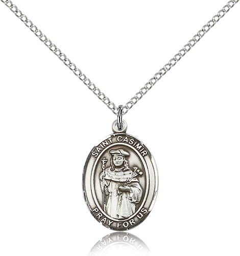 St. Casimir of Poland Medal, Sterling Silver, Medium - 18&quot; 1.2mm Sterling Silver Chain + Clasp