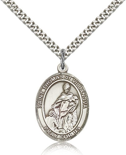 St. Thomas of Villanova Medal, Sterling Silver, Large - 24&quot; 2.4mm Rhodium Plate Chain + Clasp