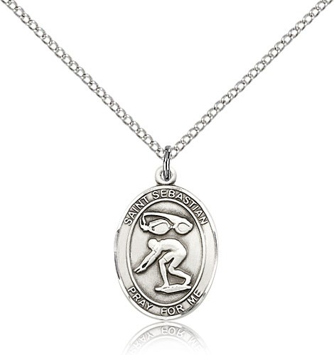 St. Sebastian Swimming Medal, Sterling Silver, Medium - 18&quot; 1.2mm Sterling Silver Chain + Clasp