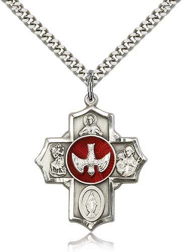5 Way Cross Pendant, Sterling Silver - 24&quot; 2.4mm Rhodium Plate Endless Chain