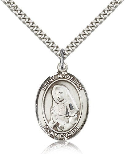 St. Madeline Sophie Barat Medal, Sterling Silver, Large - 24&quot; 2.4mm Rhodium Plate Chain + Clasp