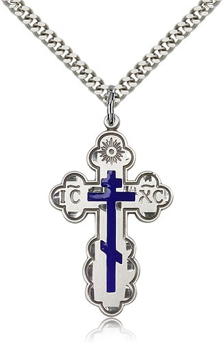 St. Olga Cross Pendant, Sterling Silver - 24&quot; 2.4mm Rhodium Plate Endless Chain