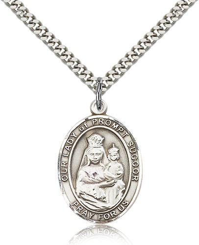 Our Lady of Prompt Succor Medal, Sterling Silver, Large - 24&quot; 2.4mm Rhodium Plate Chain + Clasp