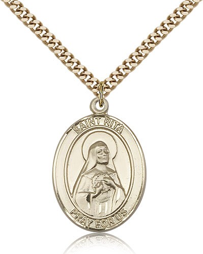 St. Rita Baseball Medal, Gold Filled, Large - 24&quot; 2.4mm Gold Plated Chain + Clasp